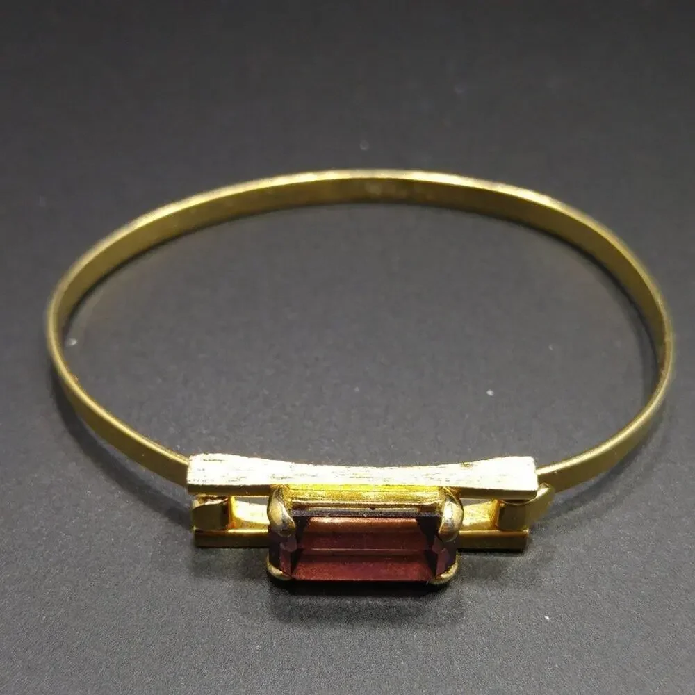 Vintage Avon Purple Faceted Glass Stone Gold Tone Hinged Bangle Bracelet 7" - Picture 7 of 9